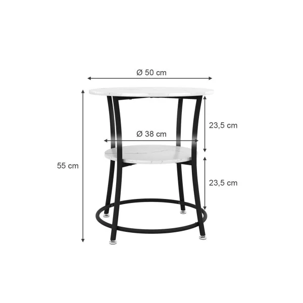 Table Basse Ronde 50 cm Blanc Marbré et Noir Métal Table de Salon Moderne