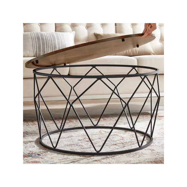 Table Basse Ronde Diamètre 50 cm Marron Rustique et Acier Noir Table de Salon Industrielle