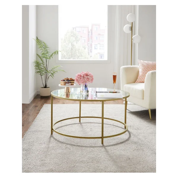 Table Basse Ronde Diamètre 84 cm Acier Doré et Verre Trempé Table de Salon Tendance Plateau