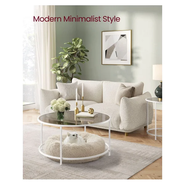Table Basse Ronde Diamètre 84 cm Gris Acier Blanc Table de Salon Tendance Plateau Verre Trempé