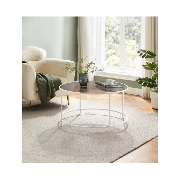 Table Basse Ronde Diamètre 84 cm Gris Acier Blanc Table de Salon Tendance Plateau Verre Trempé