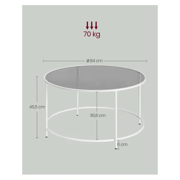 Table Basse Ronde Diamètre 84 cm Gris Acier Blanc Table de Salon Tendance Plateau Verre Trempé
