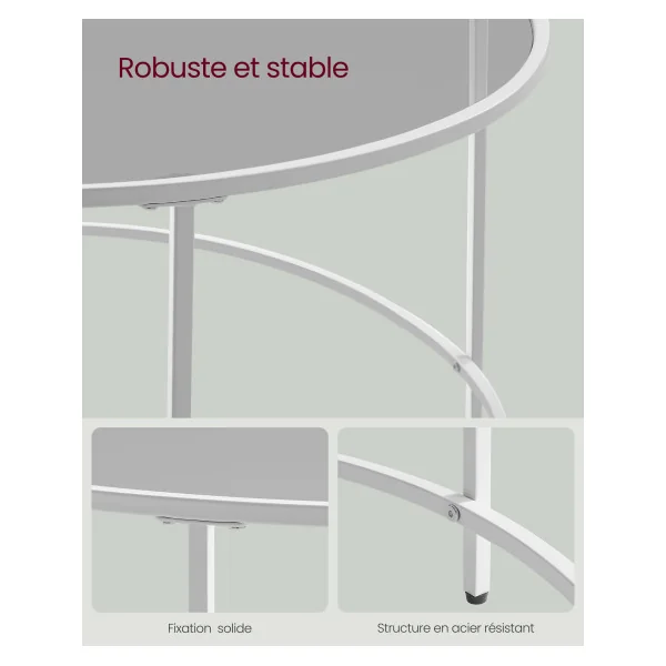 Table Basse Ronde Diamètre 84 cm Gris Acier Blanc Table de Salon Tendance Plateau Verre Trempé