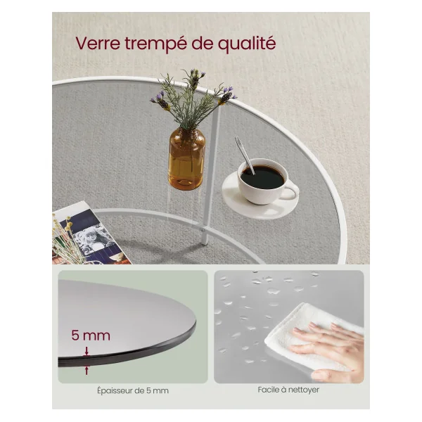 Table Basse Ronde Diamètre 84 cm Gris Acier Blanc Table de Salon Tendance Plateau Verre Trempé