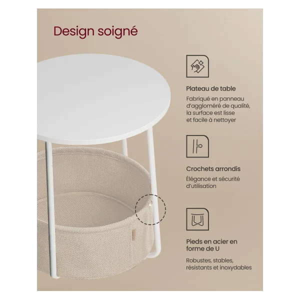 Table Basse Ronde en Acier Blanc 45 x 45 x 50 cm avec Panier en Tissu Camel