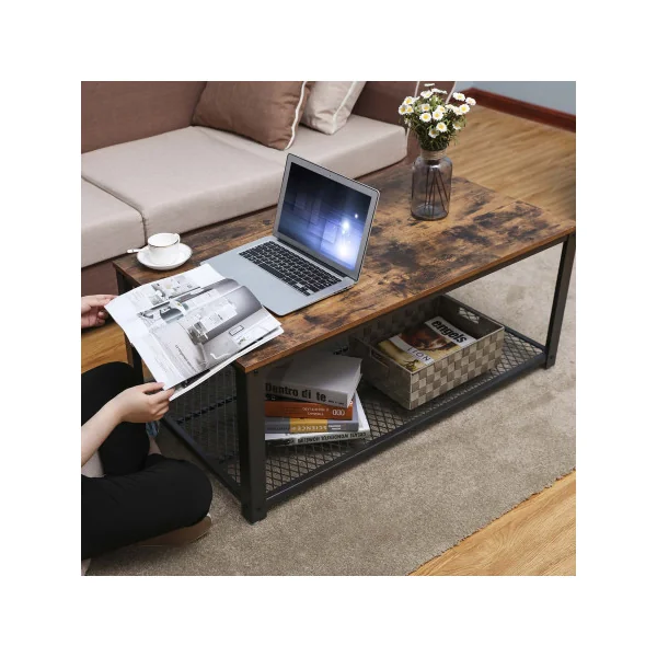 Table Basse Table de Salon Grille Industriel Plateau Marron Rustique