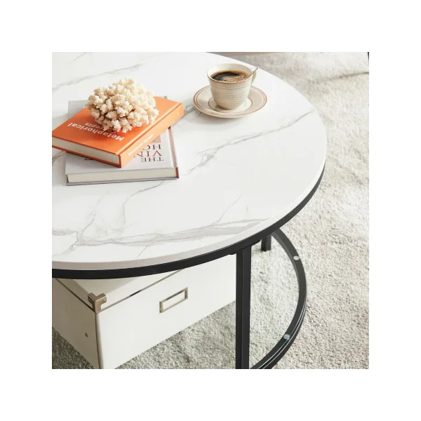 Table Canapé Apéro Table Basse Ronde Style Moderne Blanc Marbré et Noir Métallique