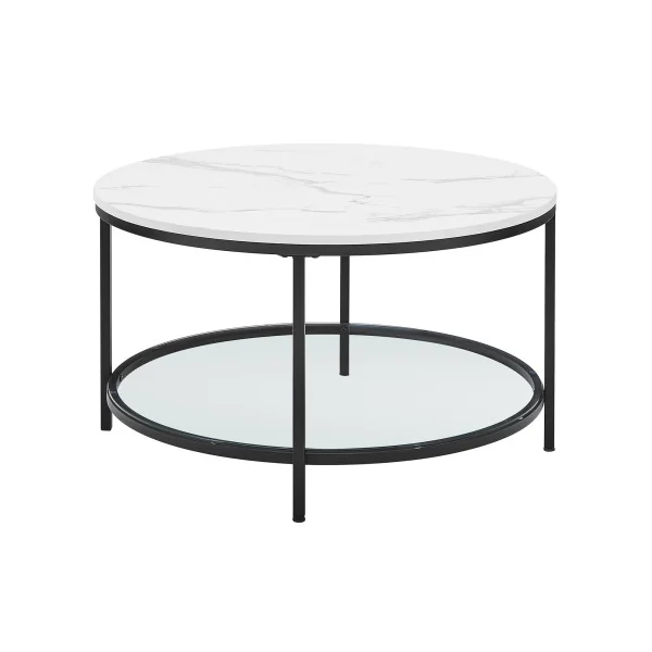 Table Canapé Apéro Table Basse Ronde Style Moderne Blanc Marbré et Noir Métallique