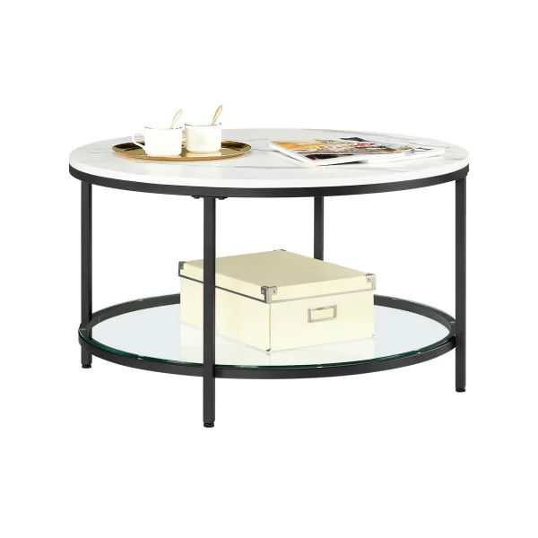 Table Canapé Apéro Table Basse Ronde Style Moderne Blanc Marbré et Noir Métallique