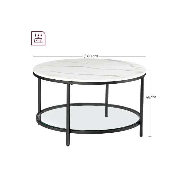 Table Canapé Apéro Table Basse Ronde Style Moderne Blanc Marbré et Noir Métallique