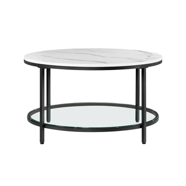 Table Canapé Apéro Table Basse Ronde Style Moderne Blanc Marbré et Noir Métallique