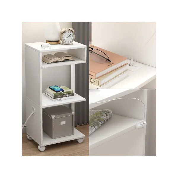 Table Chevet Mobile Blanche 4 Niveaux avec Multiprise et USB Table de Nuit Moderne Chambre