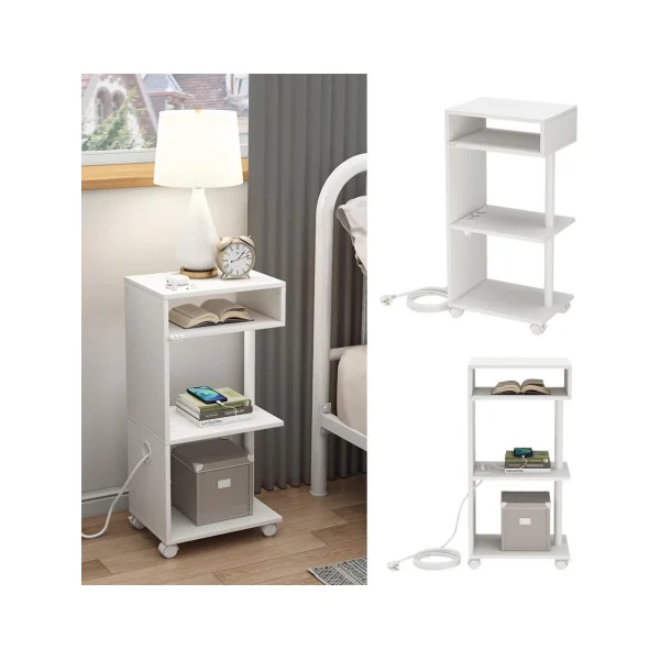 Table Chevet Mobile Blanche 4 Niveaux avec Multiprise et USB Table de Nuit Moderne Chambre