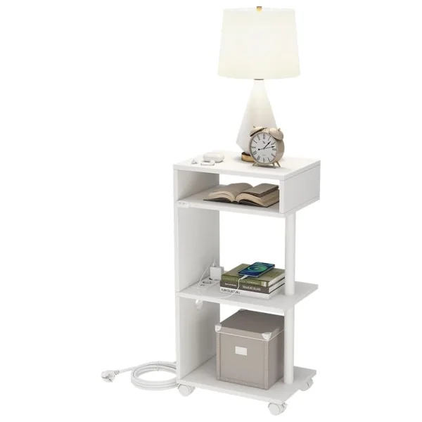 Table Chevet Mobile Blanche 4 Niveaux avec Multiprise et USB Table de Nuit Moderne Chambre