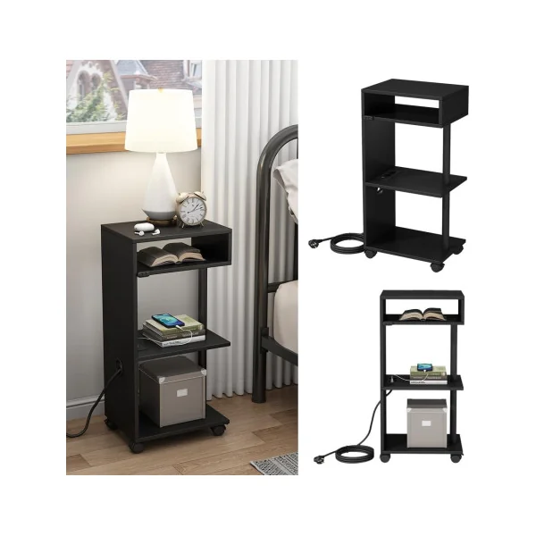 Table Chevet Mobile Noir 4 Niveaux avec Multiprise et USB Table de Nuit Moderne Chambre