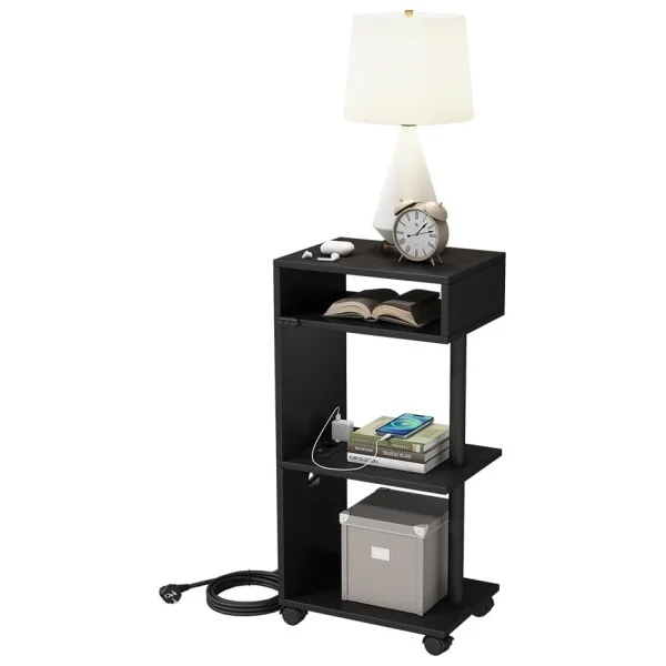 Table Chevet Mobile Noir 4 Niveaux avec Multiprise et USB Table de Nuit Moderne Chambre