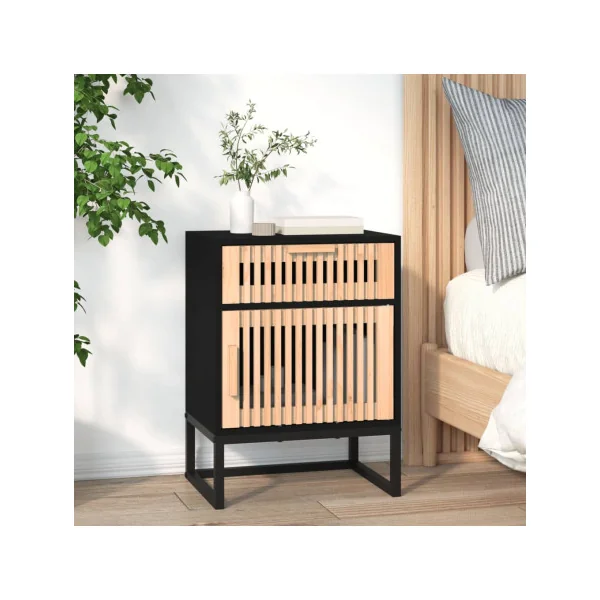 Table Chevet Noir et Pin Massif Pied Acier Table de Nuit 1 Placard 1 Tiroir Chevet de chambre