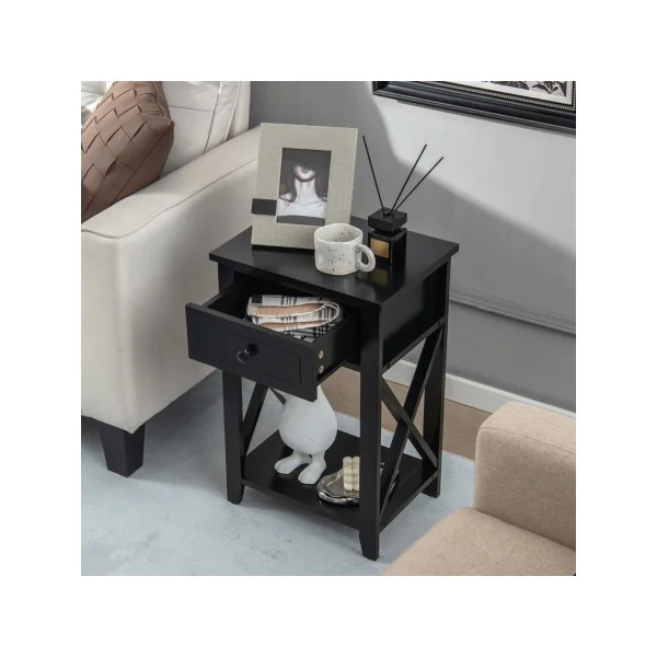 Table Chevet Noir Haute 1 Tiroir Table de Nuit Pour Chambre à Coucher Table d'Appoint