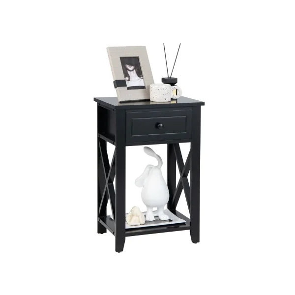 Table Chevet Noir Haute 1 Tiroir Table de Nuit Pour Chambre à Coucher Table d'Appoint