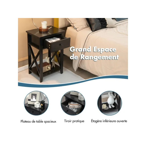 Table Chevet Noir Haute 1 Tiroir Table de Nuit Pour Chambre à Coucher Table d'Appoint