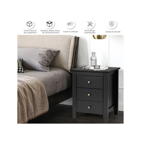 Table Chevet Noir Moderne 3 Tiroirs Table de Nuit Pour Chambre à Coucher
