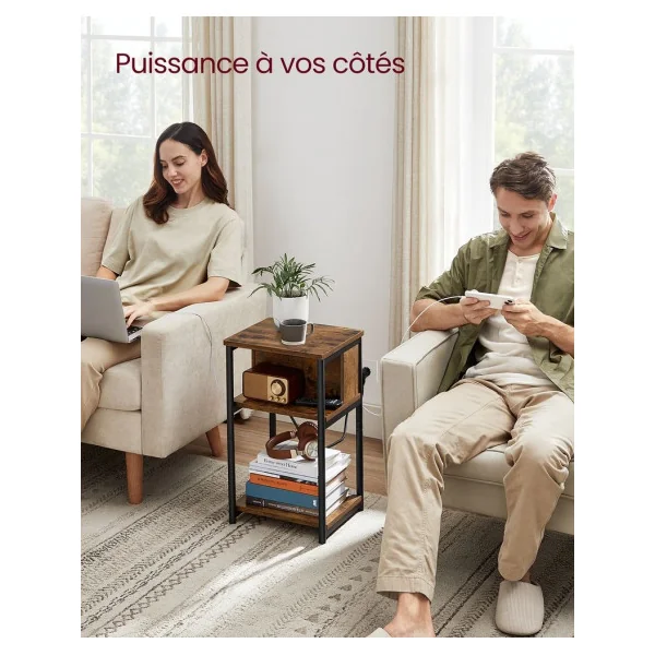 Table d'Appoint avec Multiprise 30 x 34 x 58 cm Marron Rustique Noir Table de Chevet Table de Nuit Moderne