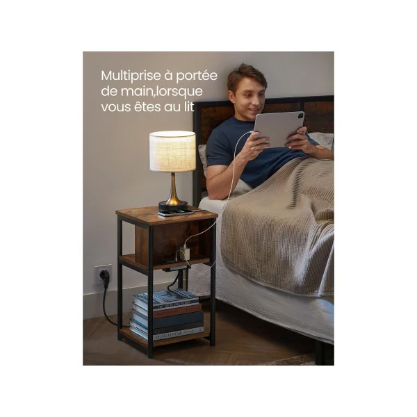 Table d'Appoint avec Multiprise 30 x 34 x 58 cm Marron Rustique Noir Table de Chevet Table de Nuit Moderne