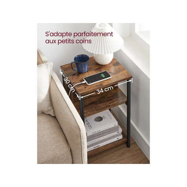 Table d'Appoint avec Multiprise 30 x 34 x 58 cm Marron Rustique Noir Table de Chevet Table de Nuit Moderne