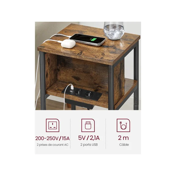 Table d'Appoint avec Multiprise 30 x 34 x 58 cm Marron Rustique Noir Table de Chevet Table de Nuit Moderne