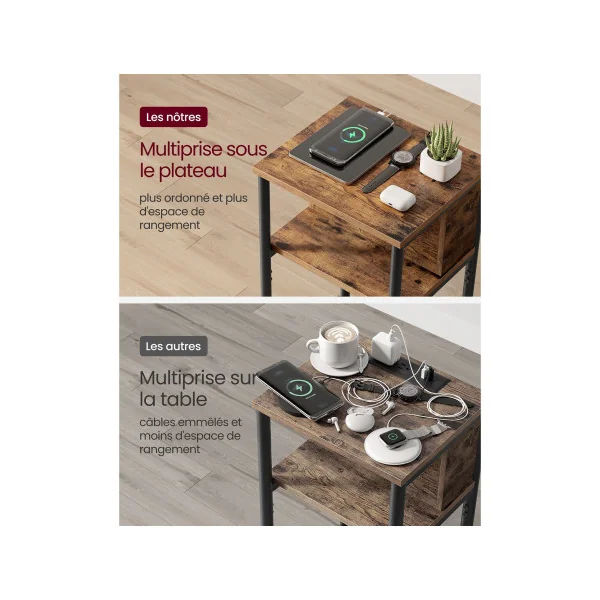 Table d'Appoint avec Multiprise 30 x 34 x 58 cm Marron Rustique Noir Table de Chevet Table de Nuit Moderne