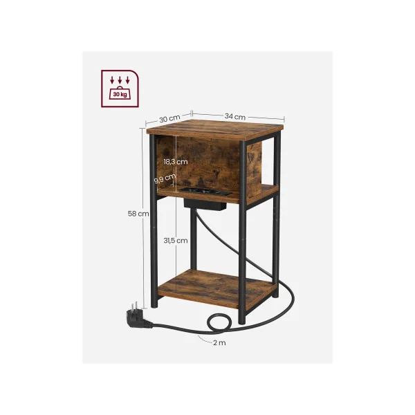 Table d'Appoint avec Multiprise 30 x 34 x 58 cm Marron Rustique Noir Table de Chevet Table de Nuit Moderne
