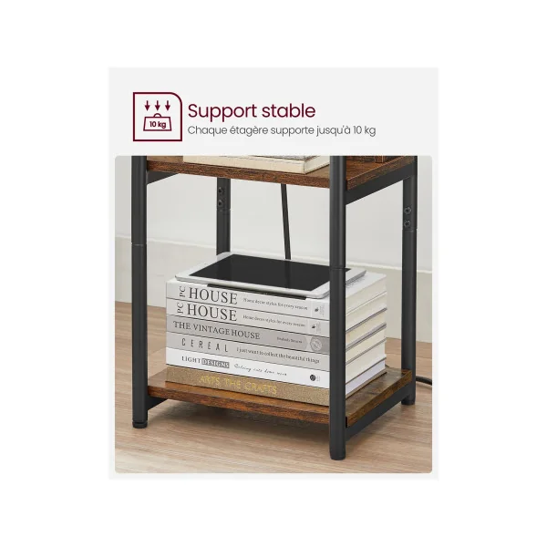 Table d'Appoint avec Multiprise 30 x 34 x 58 cm Marron Rustique Noir Table de Chevet Table de Nuit Moderne