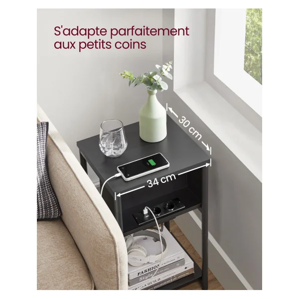 Table d'Appoint avec Multiprise 30 x 34 x 58 cm Noir Table de Chevet Noir Table de Nuit Moderne