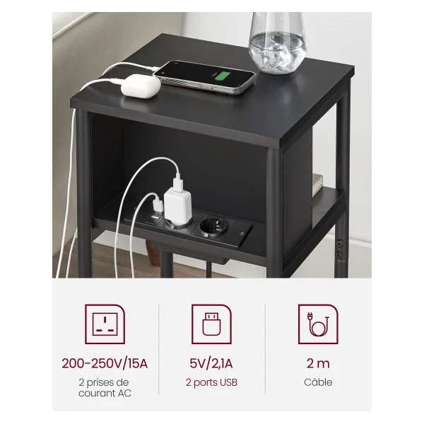 Table d'Appoint avec Multiprise 30 x 34 x 58 cm Noir Table de Chevet Noir Table de Nuit Moderne