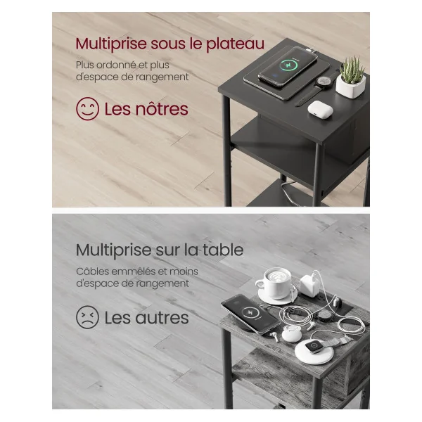 Table d'Appoint avec Multiprise 30 x 34 x 58 cm Noir Table de Chevet Noir Table de Nuit Moderne