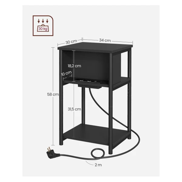 Table d'Appoint avec Multiprise 30 x 34 x 58 cm Noir Table de Chevet Noir Table de Nuit Moderne