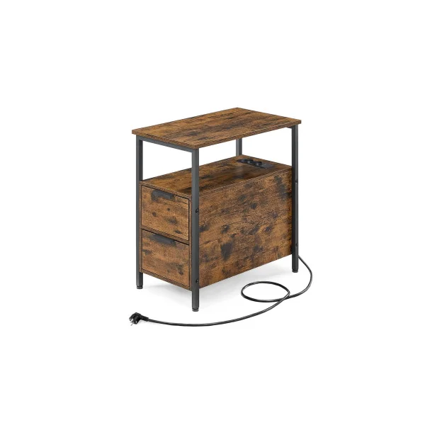 Table d’Appoint avec Multiprise Table Chevet Marron Rustique et Noir Salon Chambre Table de Nuit