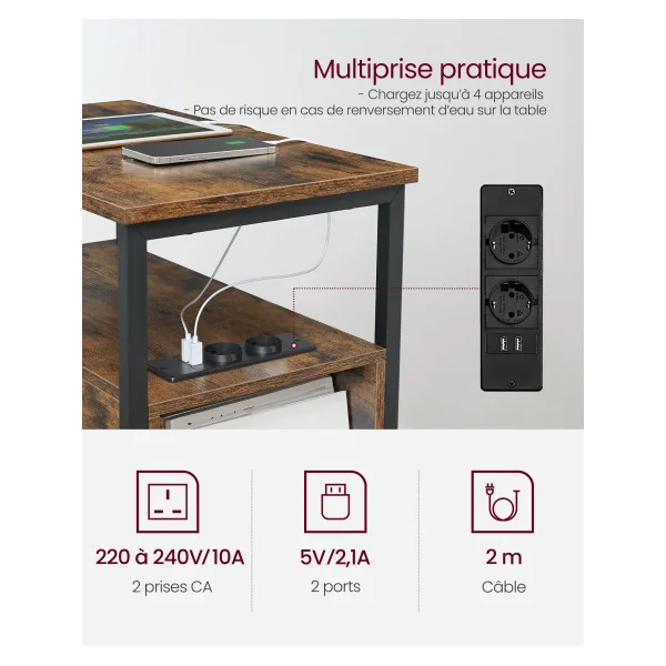 Table d’Appoint avec Multiprise Table Chevet Marron Rustique et Noir Salon Chambre Table de Nuit