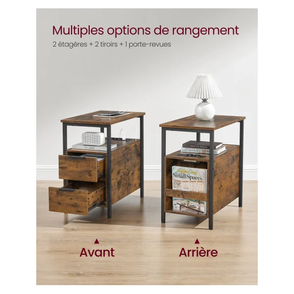 Table d’Appoint avec Multiprise Table Chevet Marron Rustique et Noir Salon Chambre Table de Nuit