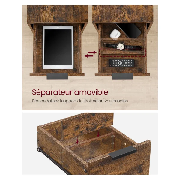 Table d’Appoint avec Multiprise Table Chevet Marron Rustique et Noir Salon Chambre Table de Nuit