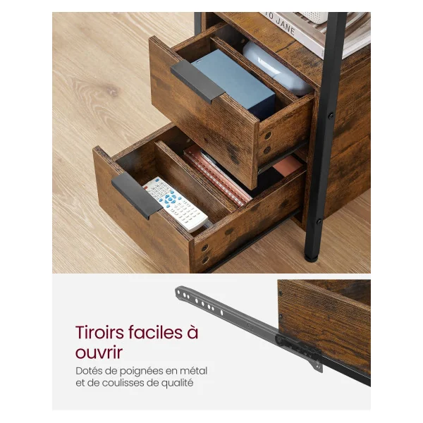 Table d’Appoint avec Multiprise Table Chevet Marron Rustique et Noir Salon Chambre Table de Nuit