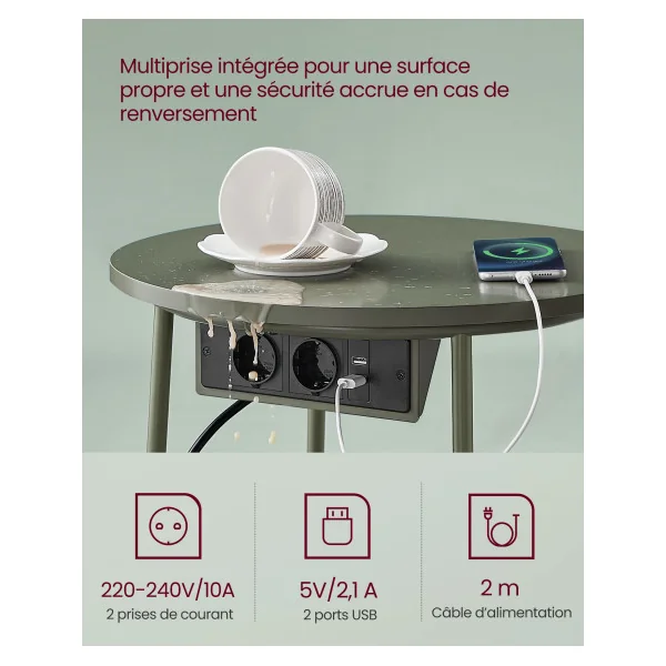 Table d’Appoint avec Panier en Tissu Table Basse Ronde avec Multiprise Blanc Crème et Vert Foret