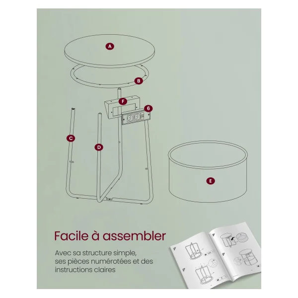 Table d’Appoint avec Panier en Tissu Table Basse Ronde avec Multiprise Blanc Crème et Vert Foret