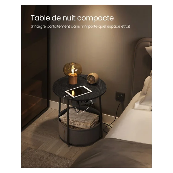 Table d’Appoint avec Panier en Tissu Table Basse Ronde avec Multiprise Boisé Noir et Gris Ardoise