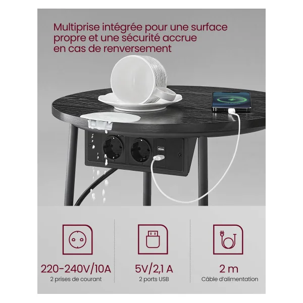 Table d’Appoint avec Panier en Tissu Table Basse Ronde avec Multiprise Boisé Noir et Gris Ardoise