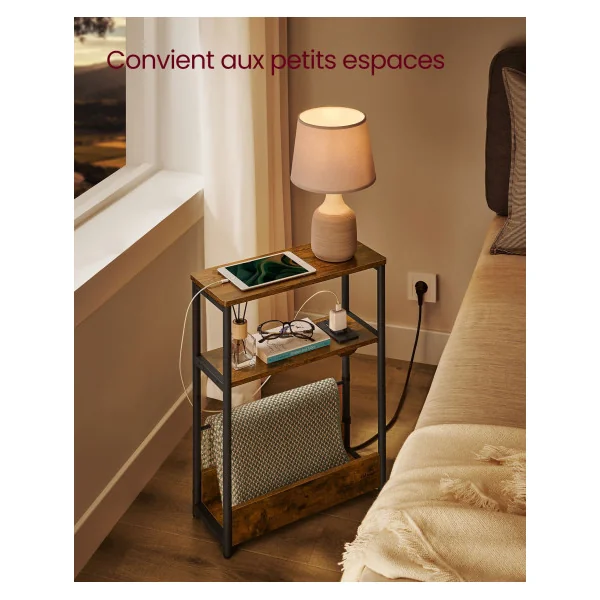 Table d’Appoint Marron Rustique Etroite avec Multiprise 3 Niveaux