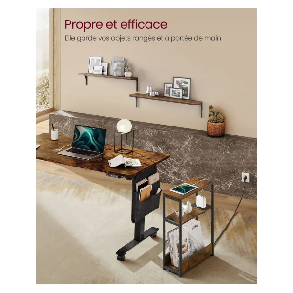 Table d’Appoint Marron Rustique Etroite avec Multiprise 3 Niveaux