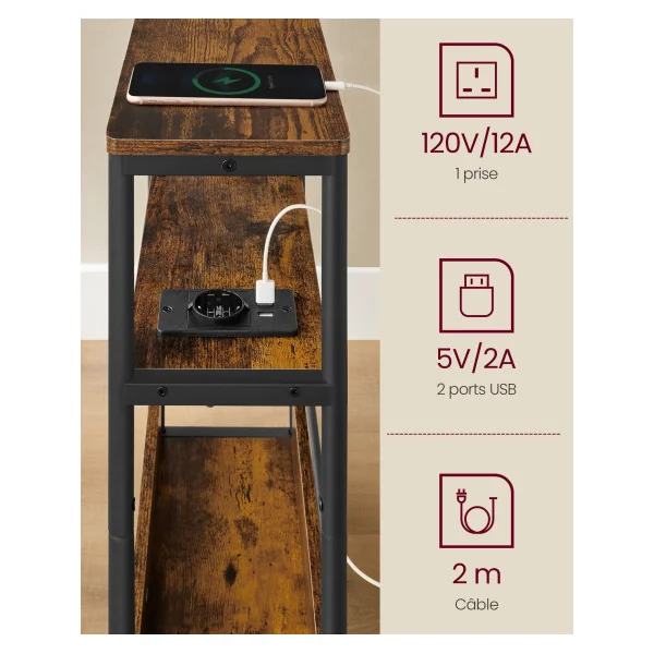 Table d’Appoint Marron Rustique Etroite avec Multiprise 3 Niveaux