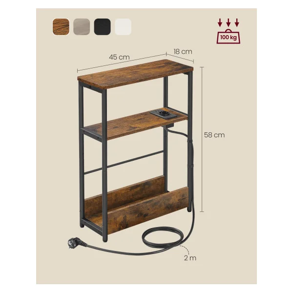 Table d’Appoint Marron Rustique Etroite avec Multiprise 3 Niveaux