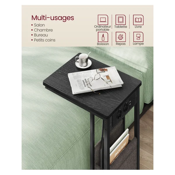 Table d’Appoint Noir Boisé Bout de Canapé Industriel 2 Ports USB et Prises